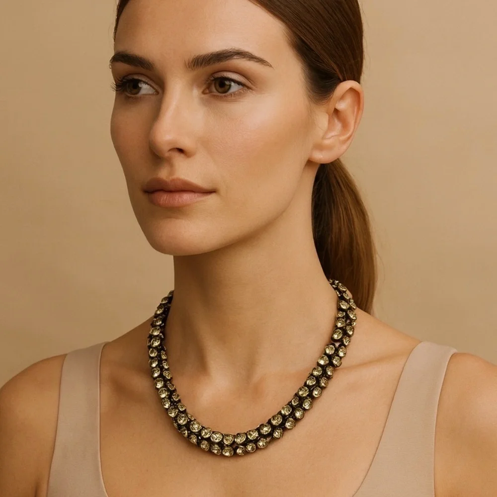 Statement Crystal Collar Necklace Olive & Champagne Tones Adjustable Luxury Look